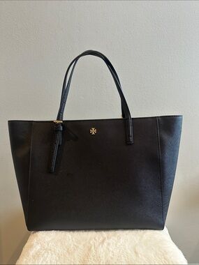 Tory Burch Black Leather Tote with Gold Logo